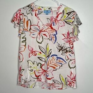 Women's Tropical-Print V-Neck Flutter Short-Sleeve Blouse